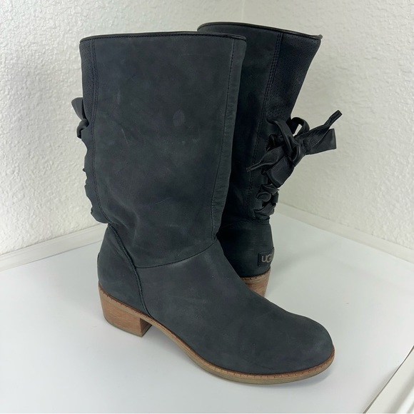 UGG CARY Putty Nubuck Leather Back Corset BOW Boots Mod Calf Block Heel 8.5 Wom - Picture 15 of 15
